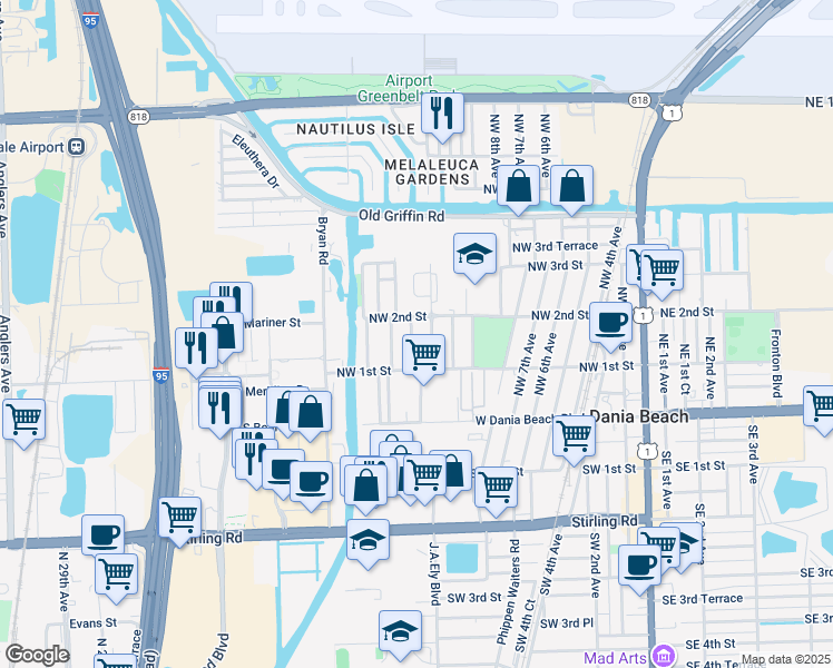 map of restaurants, bars, coffee shops, grocery stores, and more near 150 Northwest 13th Avenue in Dania Beach