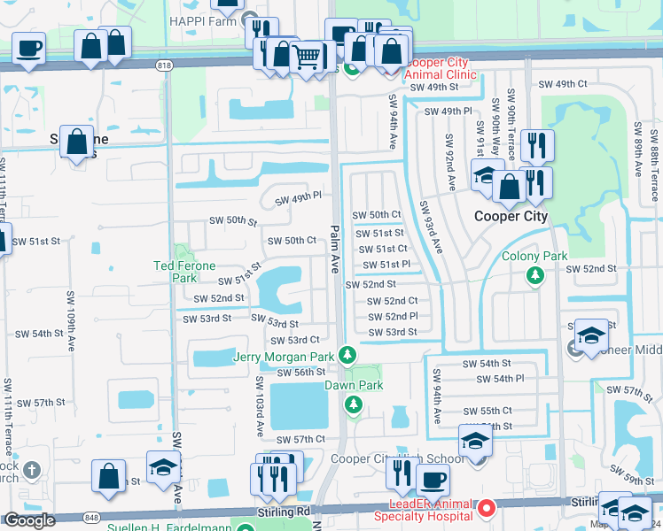 map of restaurants, bars, coffee shops, grocery stores, and more near 5110 Southwest 101st Avenue in Cooper City