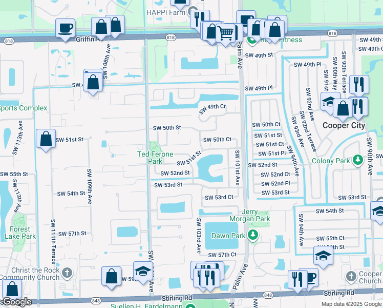 map of restaurants, bars, coffee shops, grocery stores, and more near 5090 Southwest 103rd Terrace in Cooper City