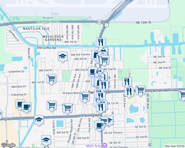 map of restaurants, bars, coffee shops, grocery stores, and more near 147 Northwest 3rd Avenue in Dania Beach
