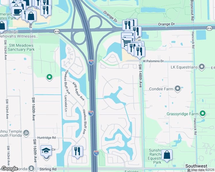 map of restaurants, bars, coffee shops, grocery stores, and more near 5130 West Saxon Circle in Southwest Ranches