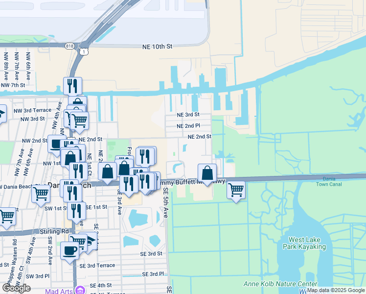 map of restaurants, bars, coffee shops, grocery stores, and more near 600 Northeast 2nd Street in Dania Beach