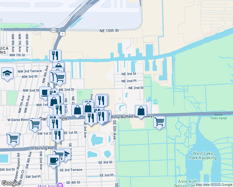 map of restaurants, bars, coffee shops, grocery stores, and more near 500 Northeast 2nd Street in Dania Beach