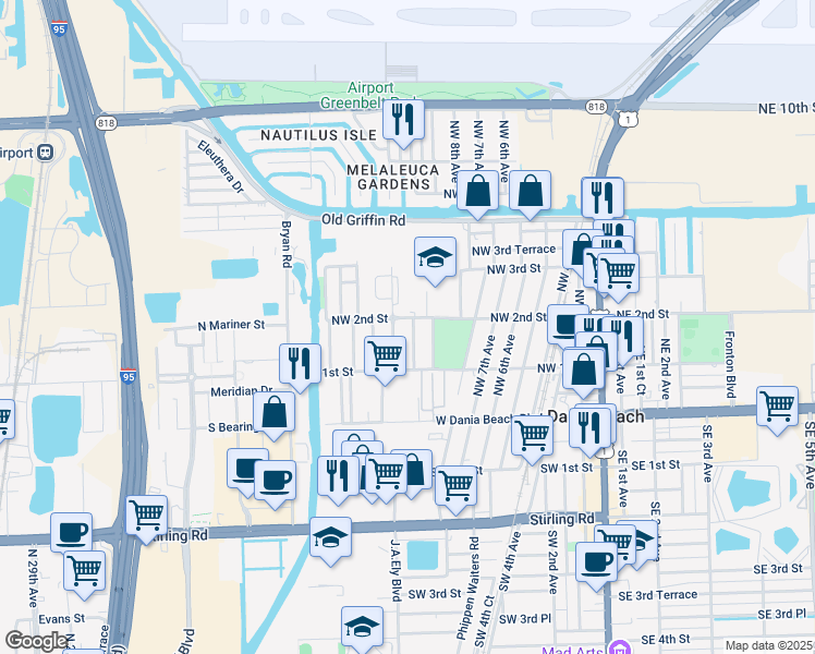 map of restaurants, bars, coffee shops, grocery stores, and more near 124 Northwest 11th Avenue in Dania Beach