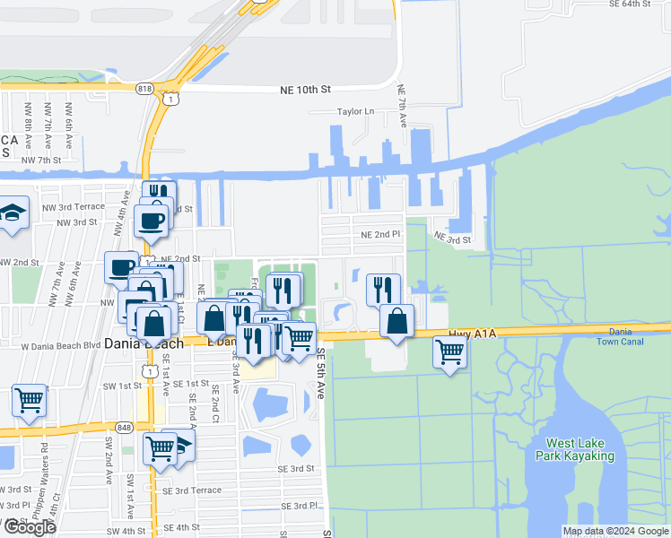map of restaurants, bars, coffee shops, grocery stores, and more near in Dania Beach