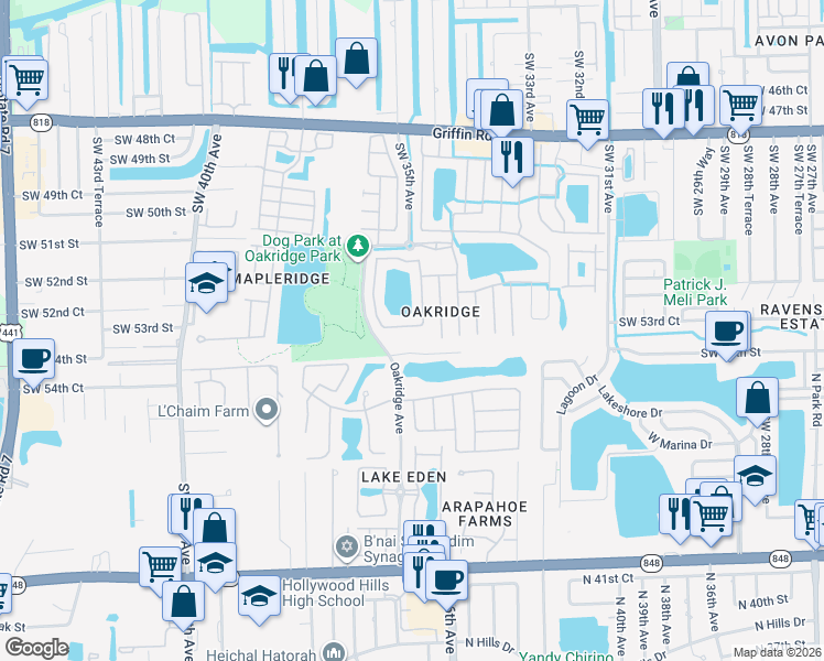 map of restaurants, bars, coffee shops, grocery stores, and more near 5390 Southwest 34th Street in Hollywood