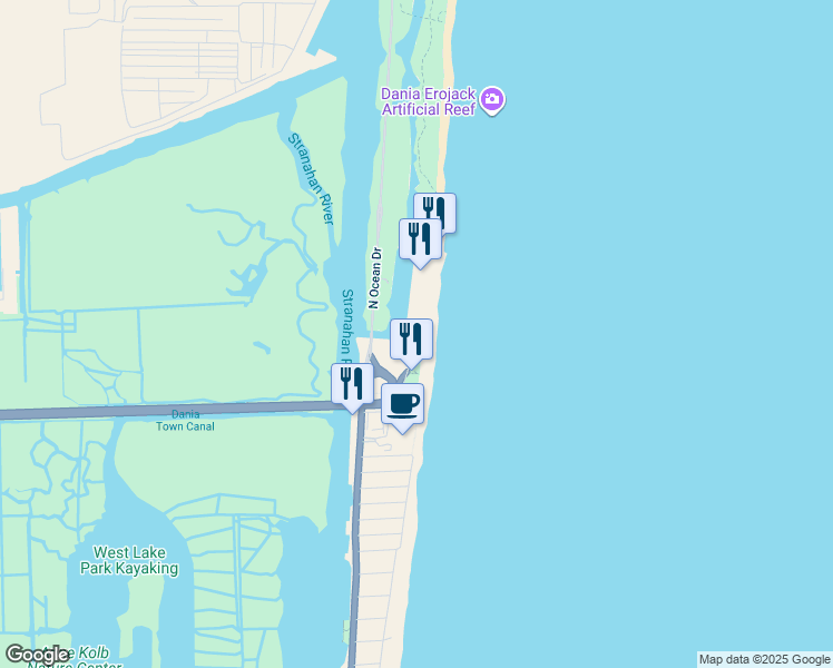 map of restaurants, bars, coffee shops, grocery stores, and more near North Beach Road in Broward County