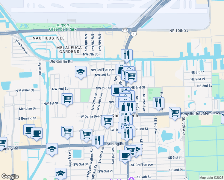 map of restaurants, bars, coffee shops, grocery stores, and more near 126 Northwest 5th Avenue in Dania Beach
