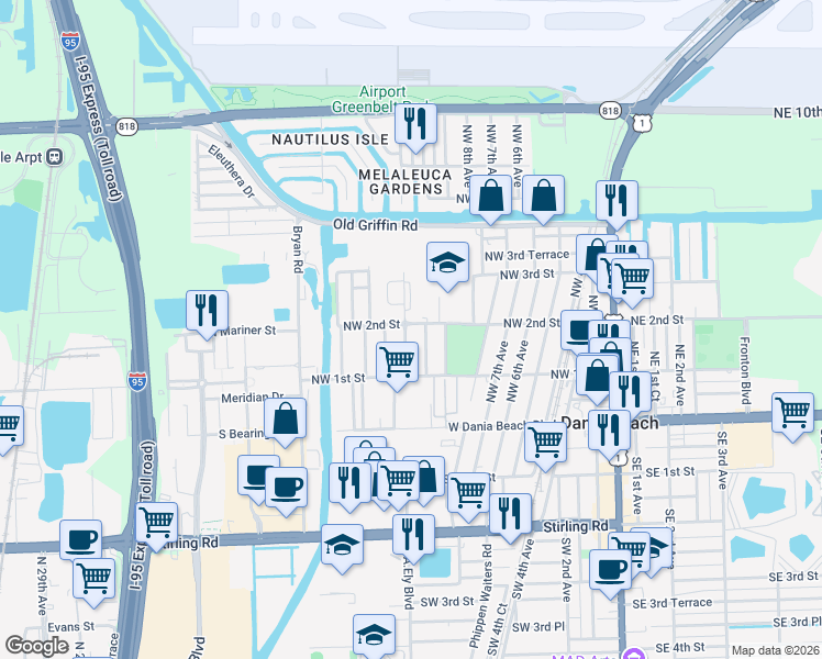map of restaurants, bars, coffee shops, grocery stores, and more near 124 Northwest 11th Avenue in Dania Beach