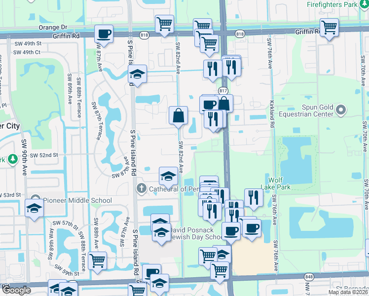 map of restaurants, bars, coffee shops, grocery stores, and more near 5241 Southwest 82nd Avenue in Davie