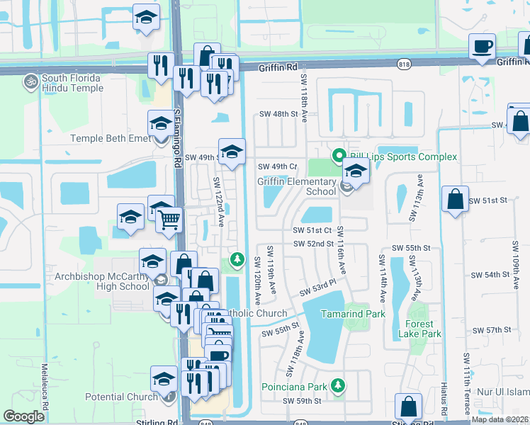map of restaurants, bars, coffee shops, grocery stores, and more near 11991 Southwest 51st Court in Cooper City