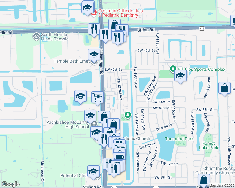 map of restaurants, bars, coffee shops, grocery stores, and more near 5189 Southwest 122nd Terrace in Cooper City