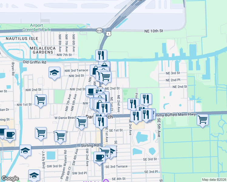 map of restaurants, bars, coffee shops, grocery stores, and more near 118 Northeast 1st Court in Dania Beach