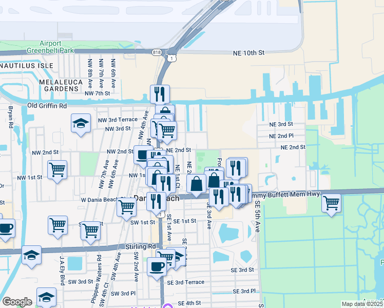 map of restaurants, bars, coffee shops, grocery stores, and more near 114 Northeast 2nd Avenue in Dania Beach