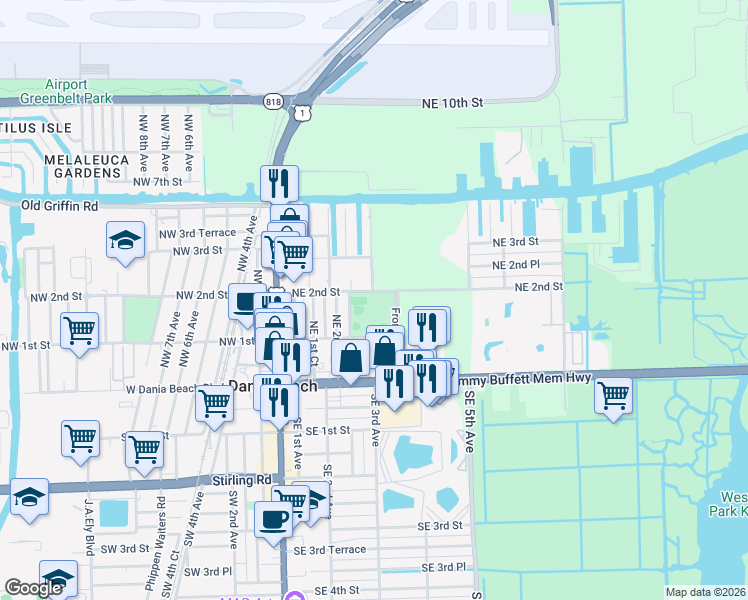 map of restaurants, bars, coffee shops, grocery stores, and more near 300 Northeast 2nd Street in Dania Beach