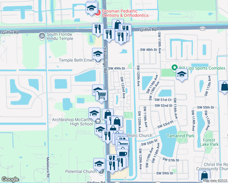 map of restaurants, bars, coffee shops, grocery stores, and more near 5111 Southwest 123rd Avenue in Cooper City
