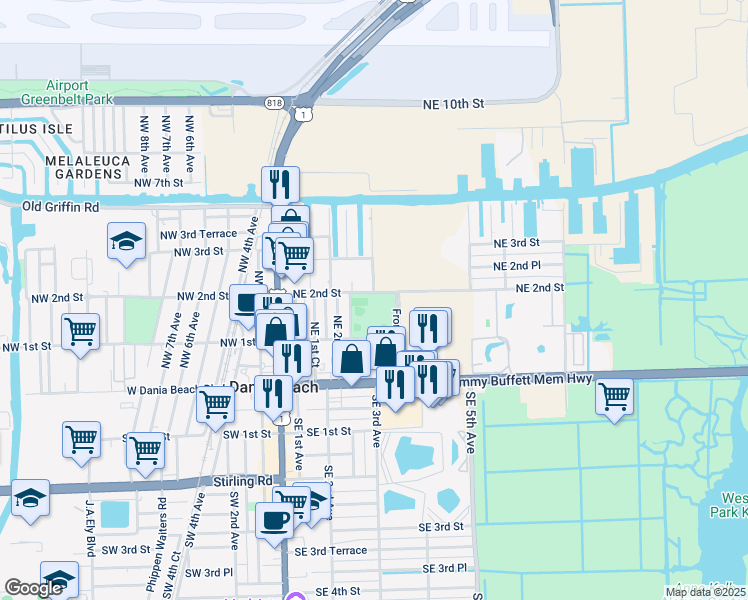 map of restaurants, bars, coffee shops, grocery stores, and more near 300 Northeast 2nd Street in Dania Beach