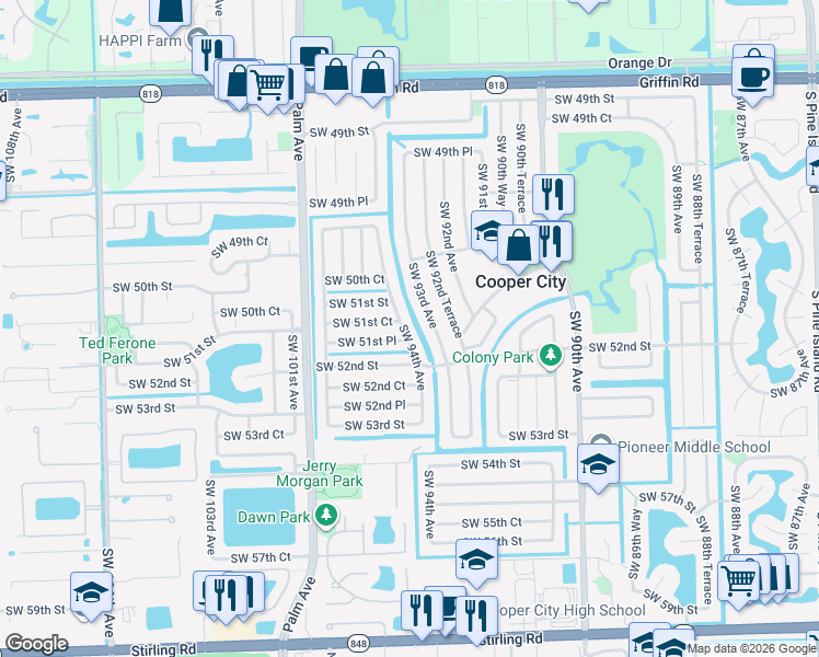 map of restaurants, bars, coffee shops, grocery stores, and more near 5188 Southwest 94th Avenue in Cooper City