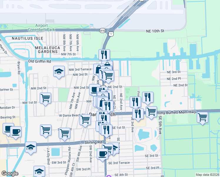 map of restaurants, bars, coffee shops, grocery stores, and more near 138 North Federal Highway in Dania Beach