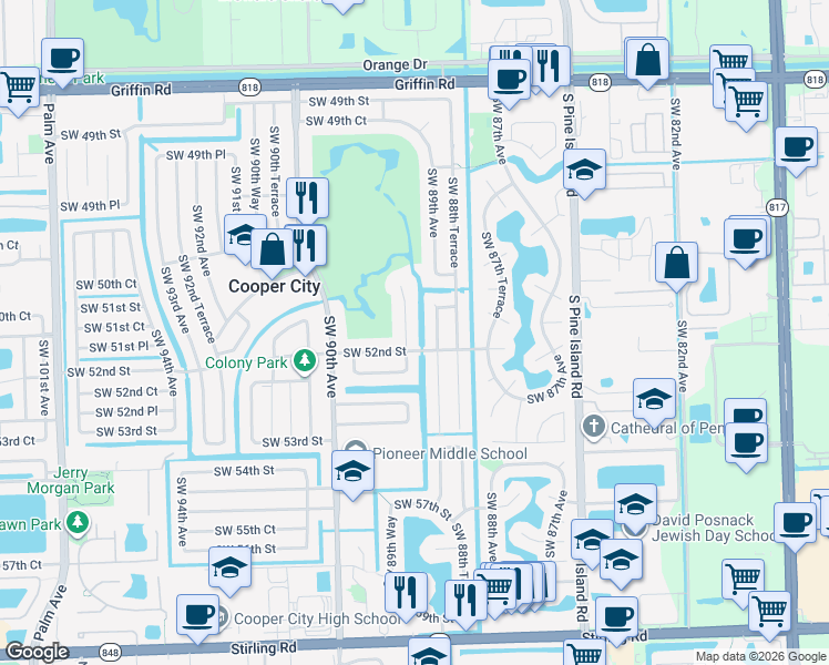 map of restaurants, bars, coffee shops, grocery stores, and more near 8952 Southwest 52nd Street in Cooper City