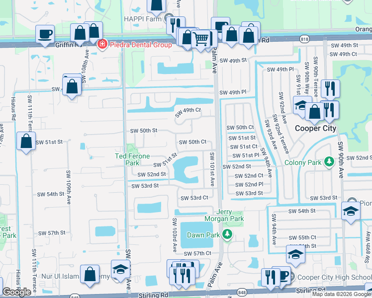 map of restaurants, bars, coffee shops, grocery stores, and more near 10212 Southwest 51st Street in Cooper City