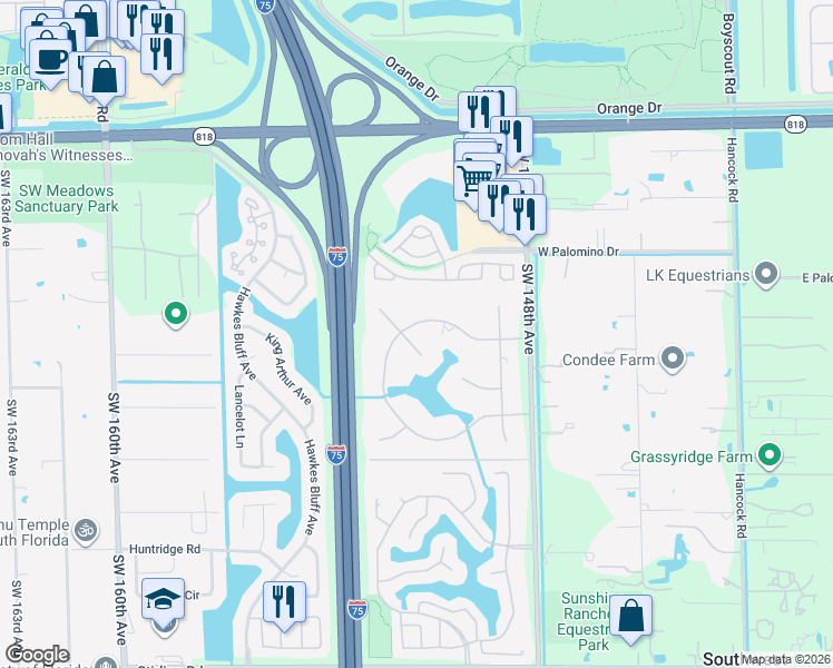 map of restaurants, bars, coffee shops, grocery stores, and more near 5130 West Saxon Circle in Southwest Ranches