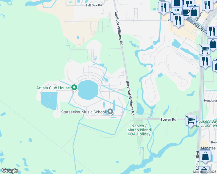 map of restaurants, bars, coffee shops, grocery stores, and more near 1405 Lucena Lane South in Naples