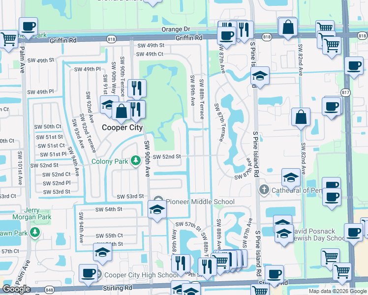 map of restaurants, bars, coffee shops, grocery stores, and more near 8952 Southwest 52nd Street in Cooper City