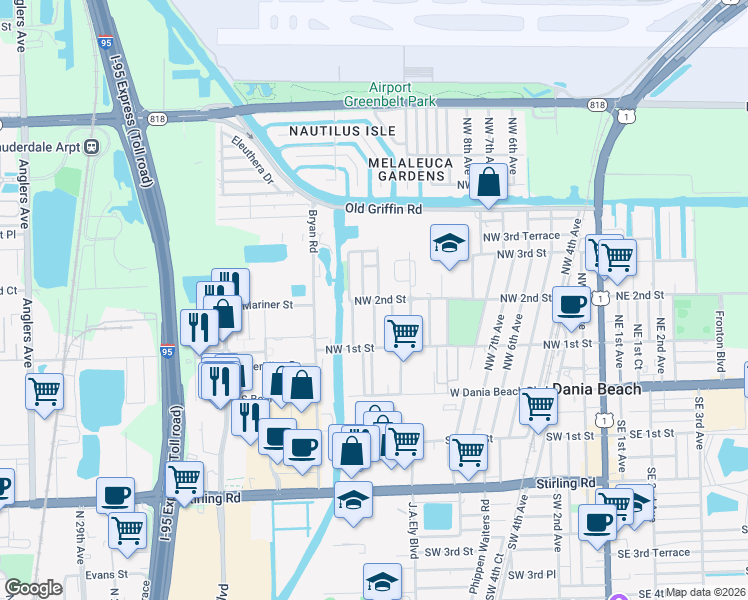 map of restaurants, bars, coffee shops, grocery stores, and more near Northwest 14th Avenue in Dania Beach