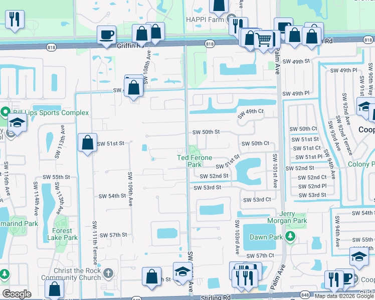 map of restaurants, bars, coffee shops, grocery stores, and more near 5015 Southwest 105th Avenue in Cooper City