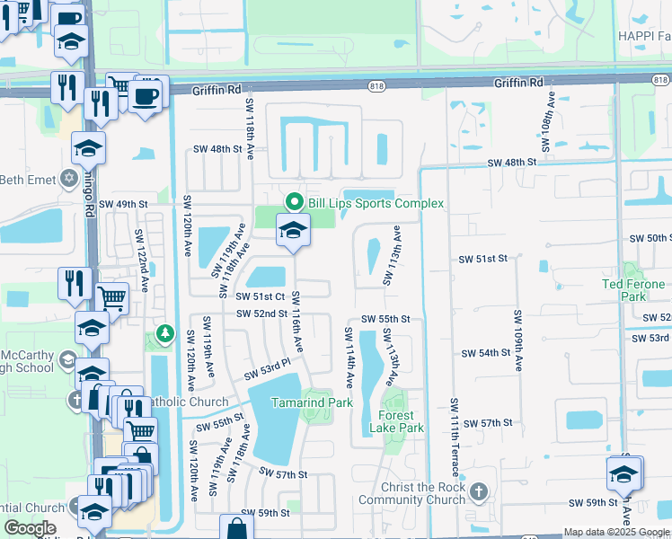 map of restaurants, bars, coffee shops, grocery stores, and more near 5050 Southwest 116th Avenue in Cooper City