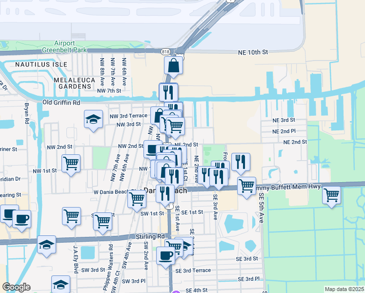 map of restaurants, bars, coffee shops, grocery stores, and more near 210 Northeast 1st Court in Dania Beach
