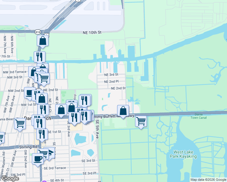 map of restaurants, bars, coffee shops, grocery stores, and more near 617 Northeast 2nd Street in Dania Beach