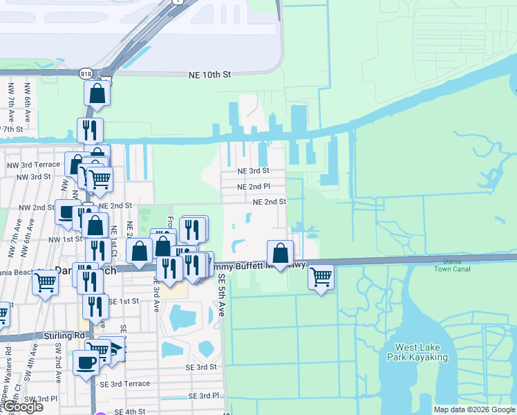 map of restaurants, bars, coffee shops, grocery stores, and more near 617 Northeast 2nd Street in Dania Beach