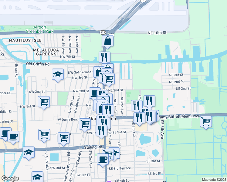 map of restaurants, bars, coffee shops, grocery stores, and more near 210 Northeast 1st Court in Dania Beach