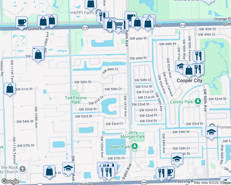 map of restaurants, bars, coffee shops, grocery stores, and more near 10131 Southwest 50th Court in Cooper City