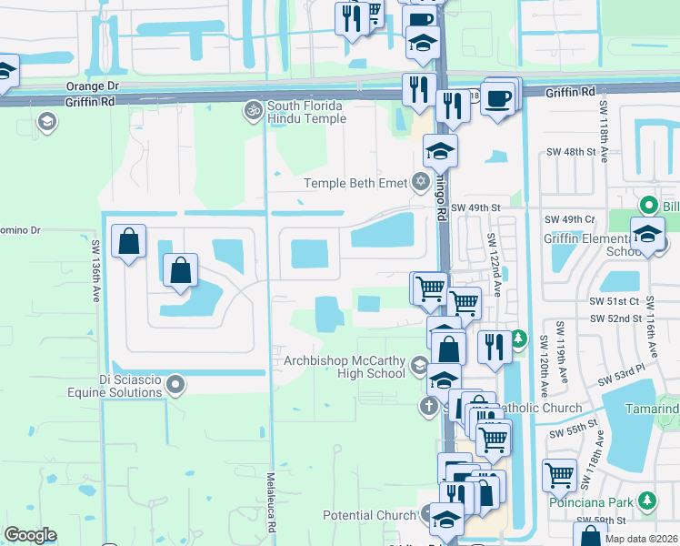 map of restaurants, bars, coffee shops, grocery stores, and more near 5053 Sweetwater Terrace in Cooper City