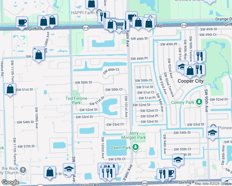 map of restaurants, bars, coffee shops, grocery stores, and more near 10131 Southwest 50th Court in Cooper City