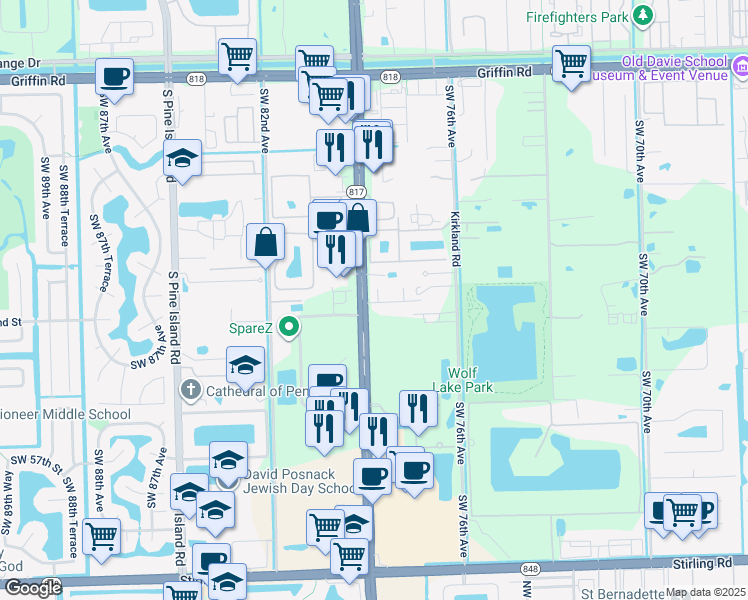 map of restaurants, bars, coffee shops, grocery stores, and more near 5240 South University Drive in Davie