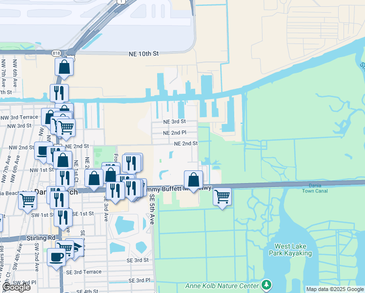 map of restaurants, bars, coffee shops, grocery stores, and more near 617 Northeast 2nd Street in Dania Beach