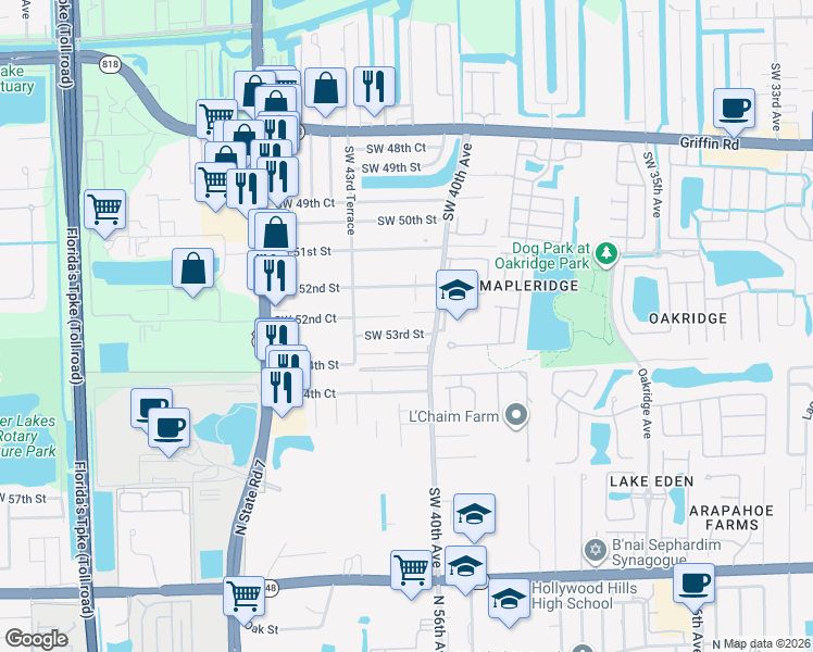map of restaurants, bars, coffee shops, grocery stores, and more near 5243 Southwest 40th Avenue in Fort Lauderdale