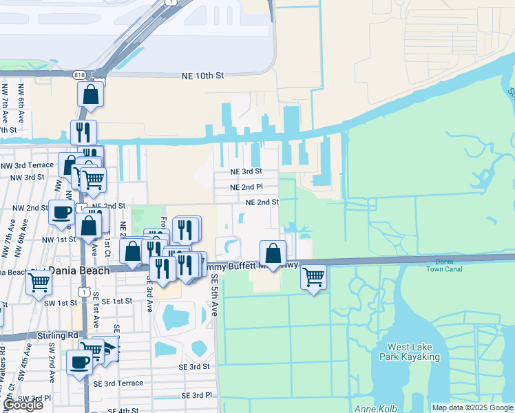map of restaurants, bars, coffee shops, grocery stores, and more near 617 Northeast 2nd Street in Dania Beach
