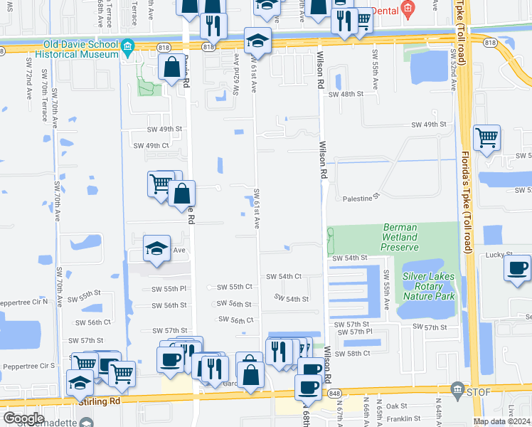 map of restaurants, bars, coffee shops, grocery stores, and more near 5200 Southwest 61st Avenue in Davie