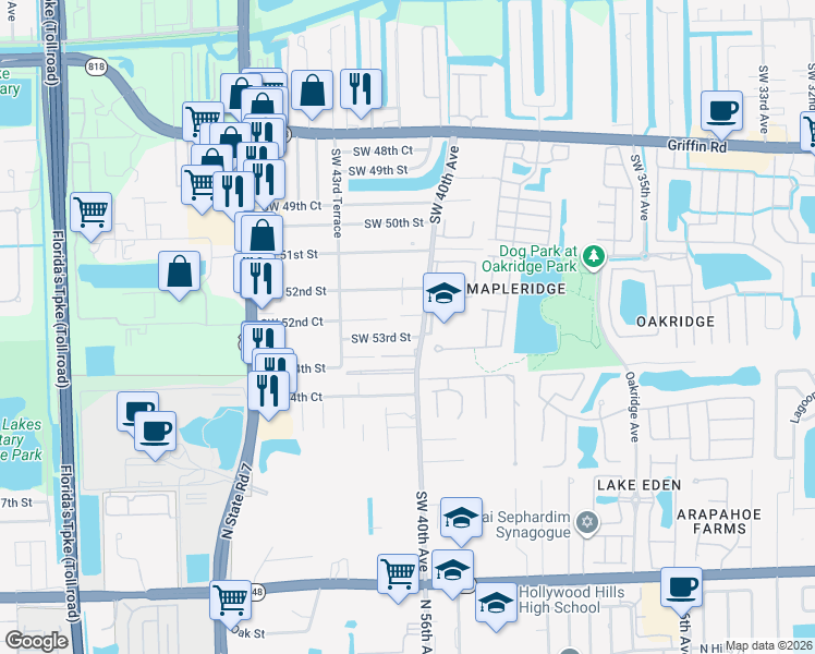 map of restaurants, bars, coffee shops, grocery stores, and more near 5293 Southwest 40th Avenue in Fort Lauderdale