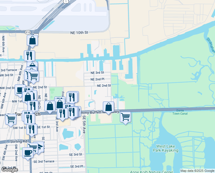 map of restaurants, bars, coffee shops, grocery stores, and more near 645 Northeast 2nd Street in Dania Beach