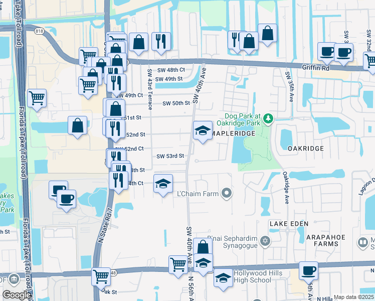 map of restaurants, bars, coffee shops, grocery stores, and more near 5205 Southwest 40th Avenue in Fort Lauderdale