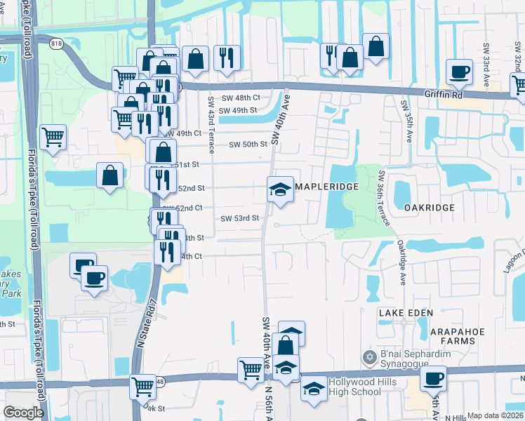 map of restaurants, bars, coffee shops, grocery stores, and more near 5205 Southwest 40th Avenue in Fort Lauderdale