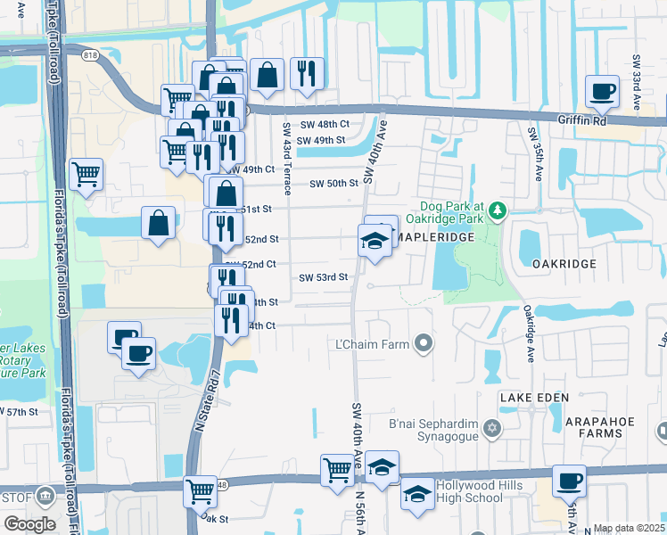 map of restaurants, bars, coffee shops, grocery stores, and more near 5243 Southwest 40th Avenue in Fort Lauderdale