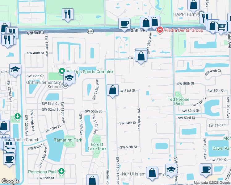 map of restaurants, bars, coffee shops, grocery stores, and more near 5021 Southwest 111th Terrace in Davie