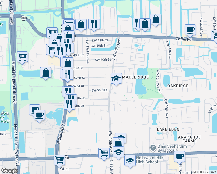 map of restaurants, bars, coffee shops, grocery stores, and more near 5205 Southwest 40th Avenue in Fort Lauderdale